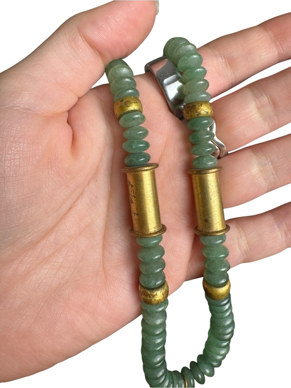 Vintage Jade-Tone Green Stone Beaded Necklace – Long Strand with Brass Spacers - Picture 6 of 13